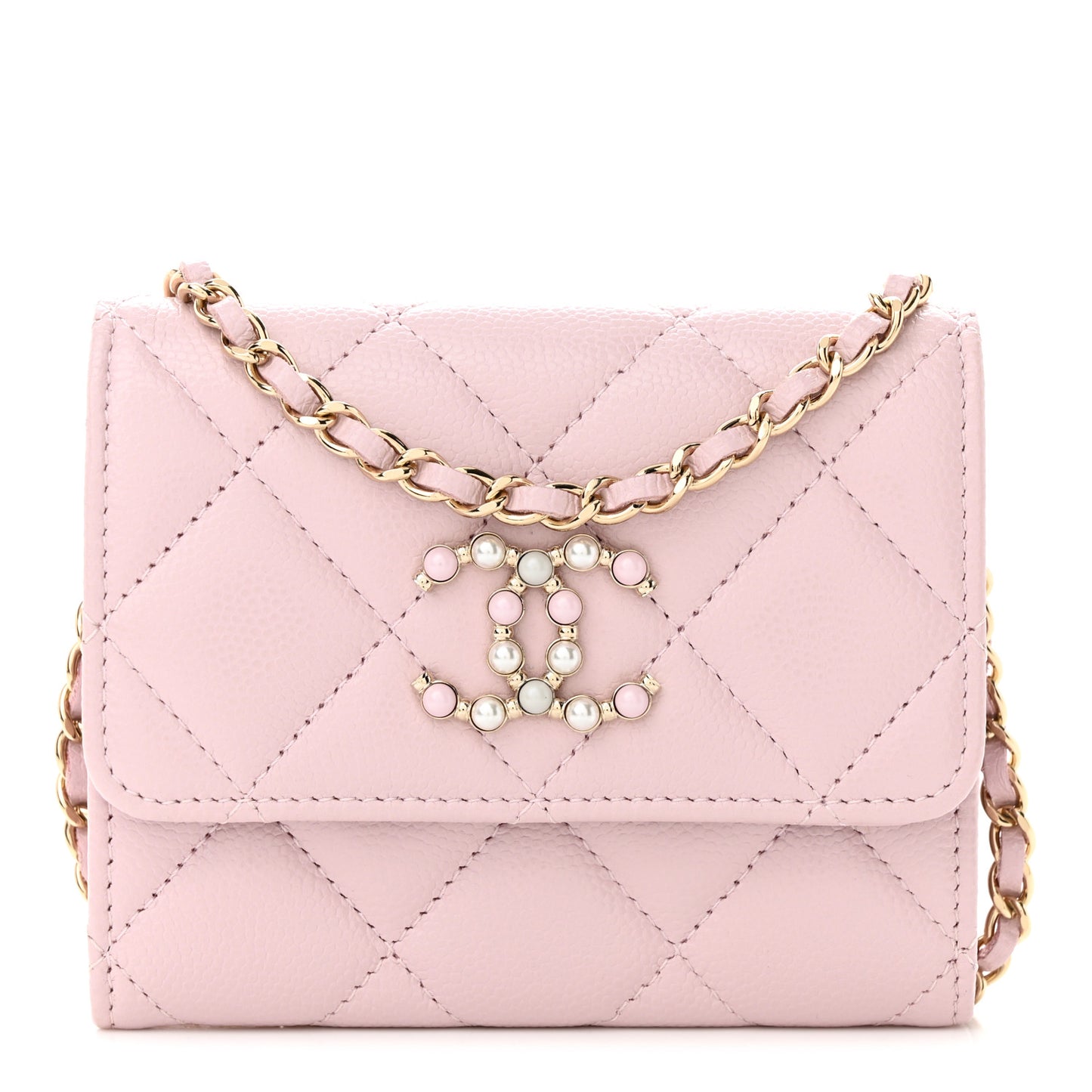 Caviar Quilted Coco Candy Card Holder On Chain Light Pink