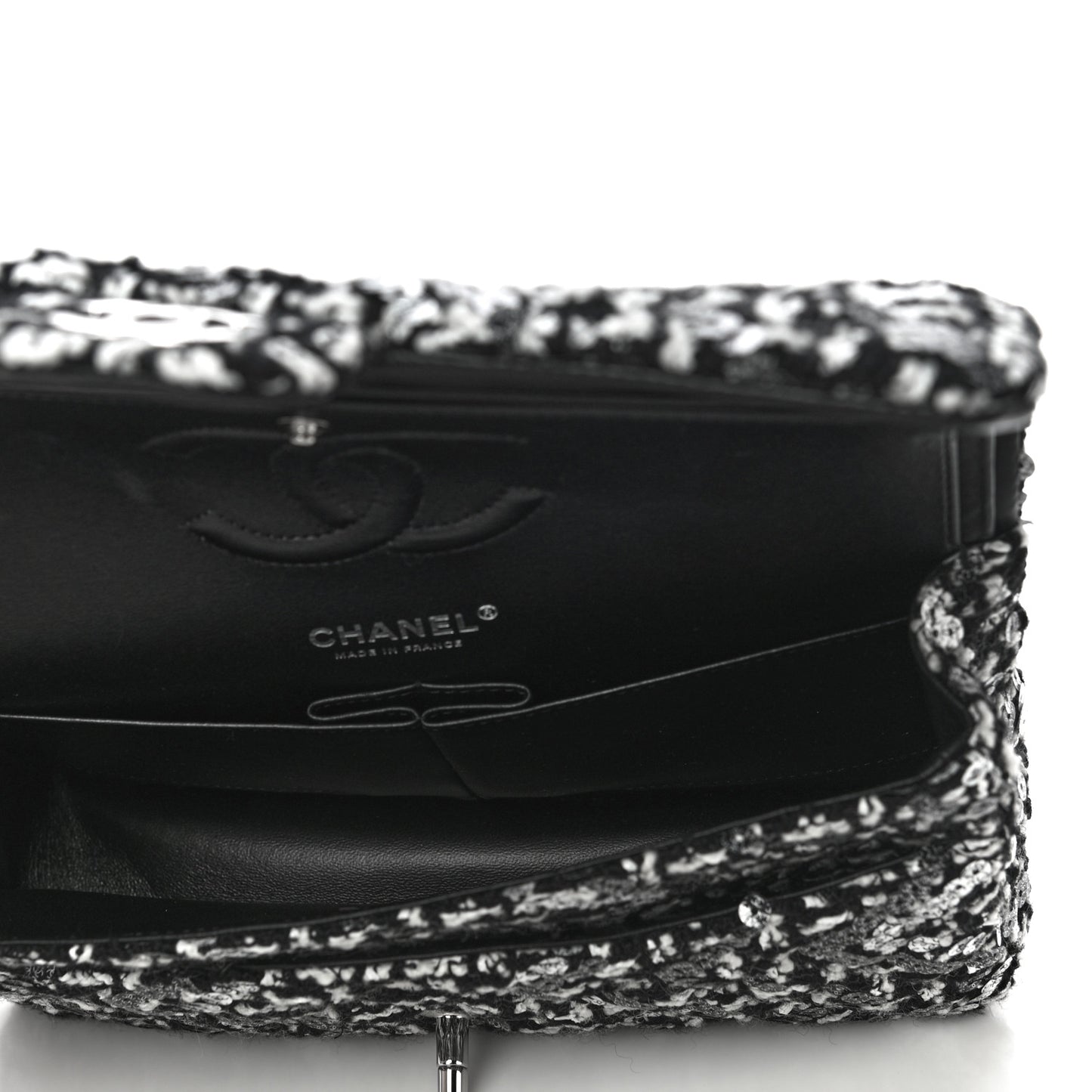 Tweed Sequin Quilted Medium Double Flap Black White