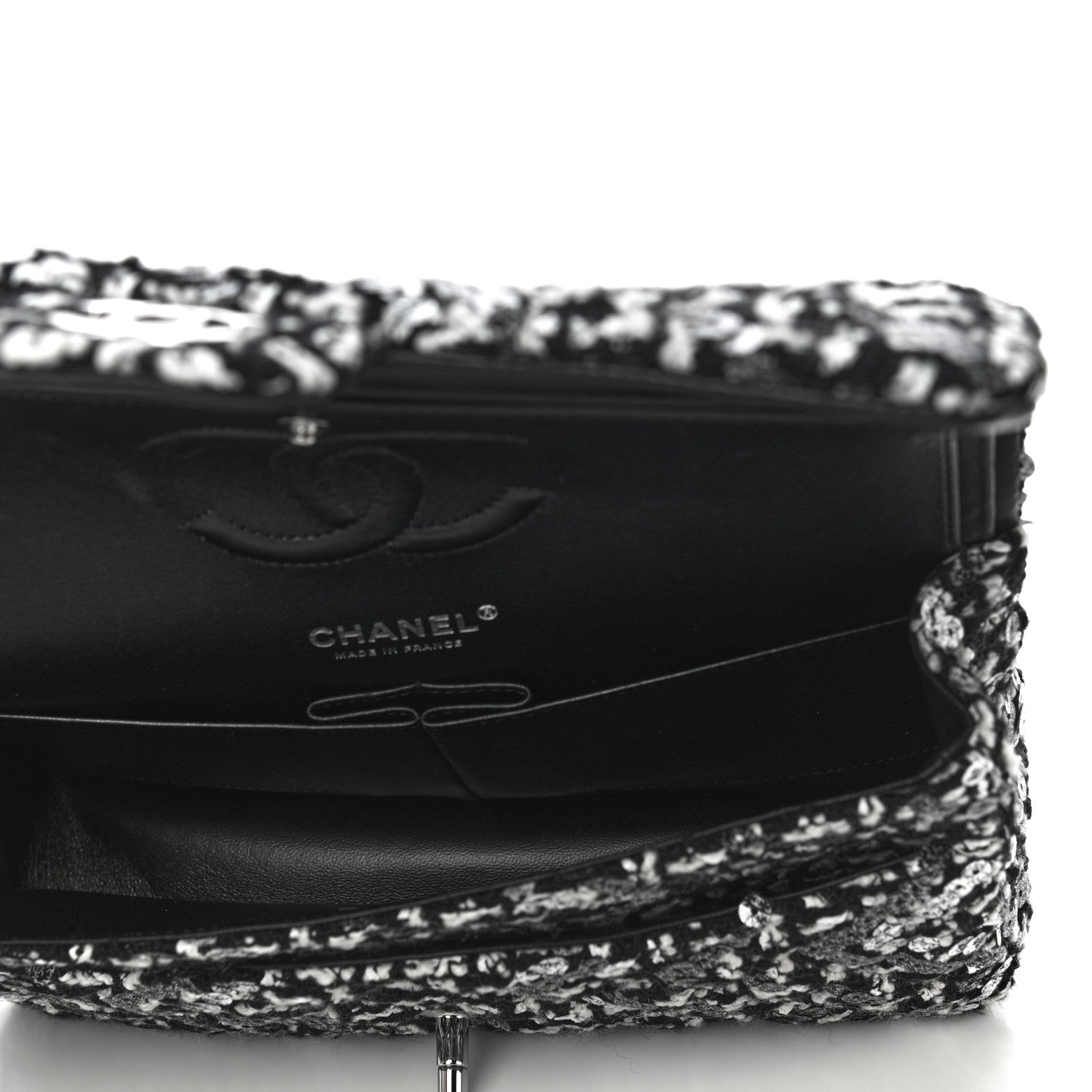 Chanel Tweed Sequin Quilted Medium Double Flap Black White 5 of 12