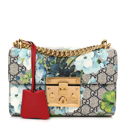 Gucci GG Supreme Monogram Blooms Small Padlock Shoulder Bag Beige Blue Navy Hibiscus Red 1 of 11