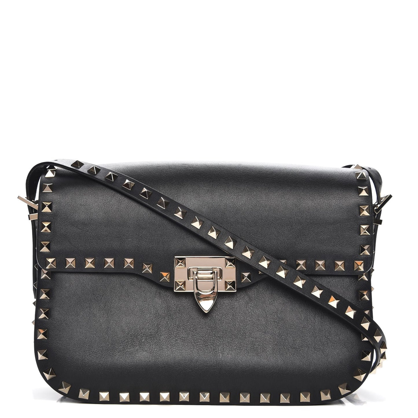 Vitello Medium Rockstud Flap Saddle Bag Black