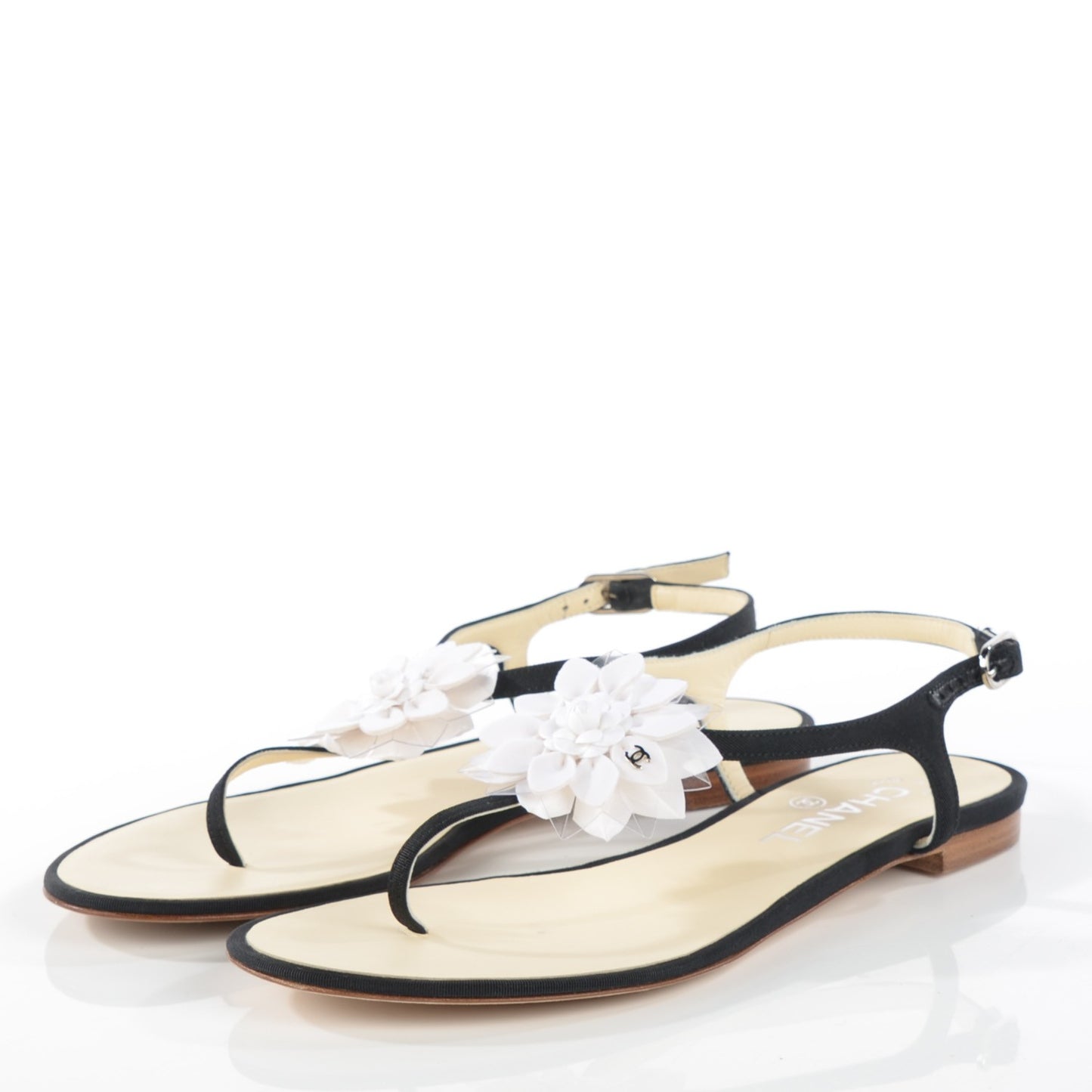 Grosgrain Camellia Thong Sandals 38 Black White