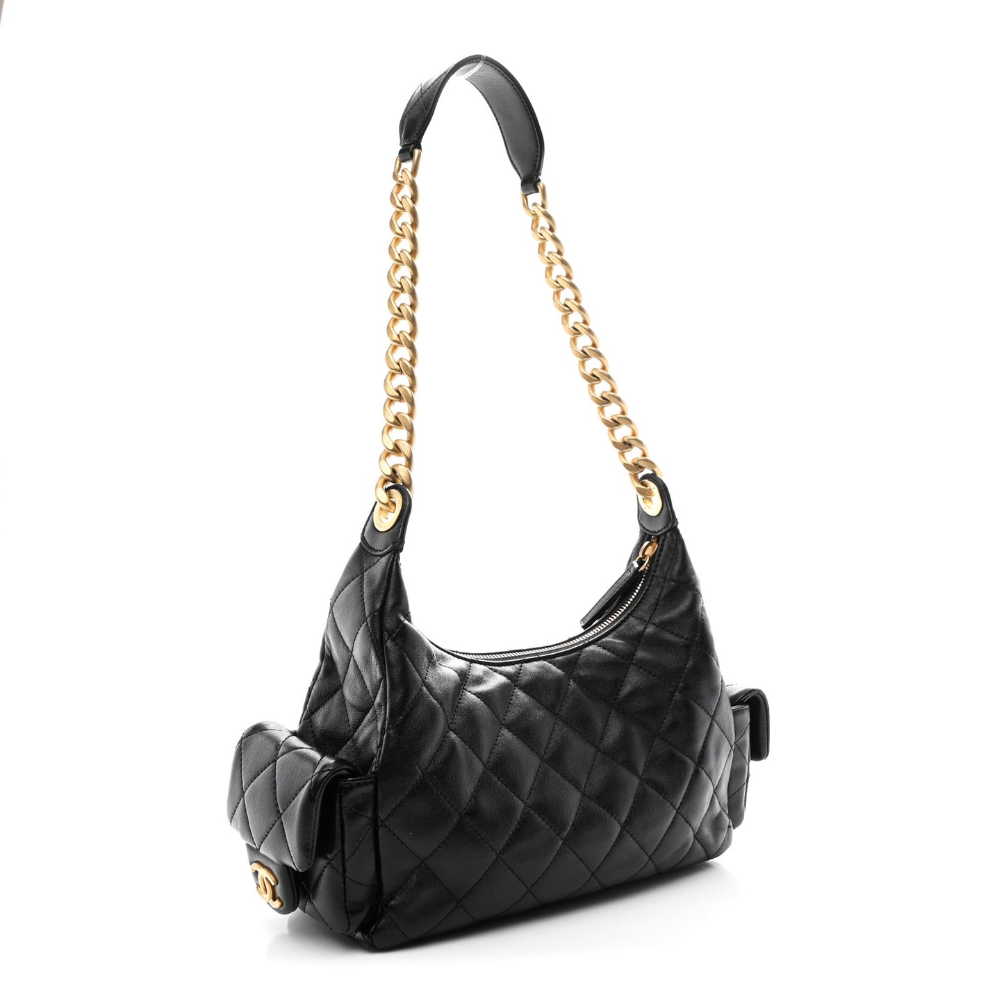 Shiny Lambskin Quilted Trendy Pockets Hobo Black