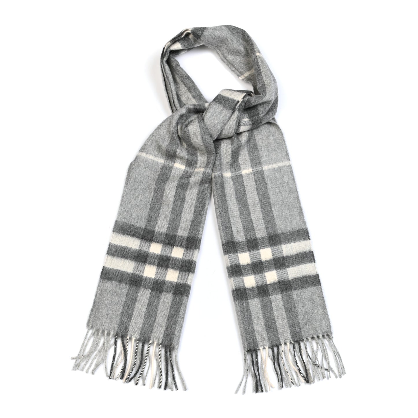 Cashmere Giant Check Fringe Scarf Pale Grey