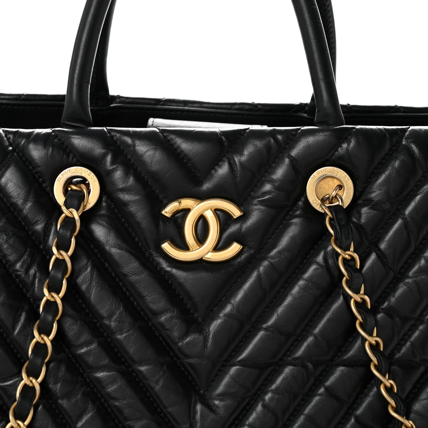 Aged Calfskin Chevron Large Coco Handle Shopping Tote Black