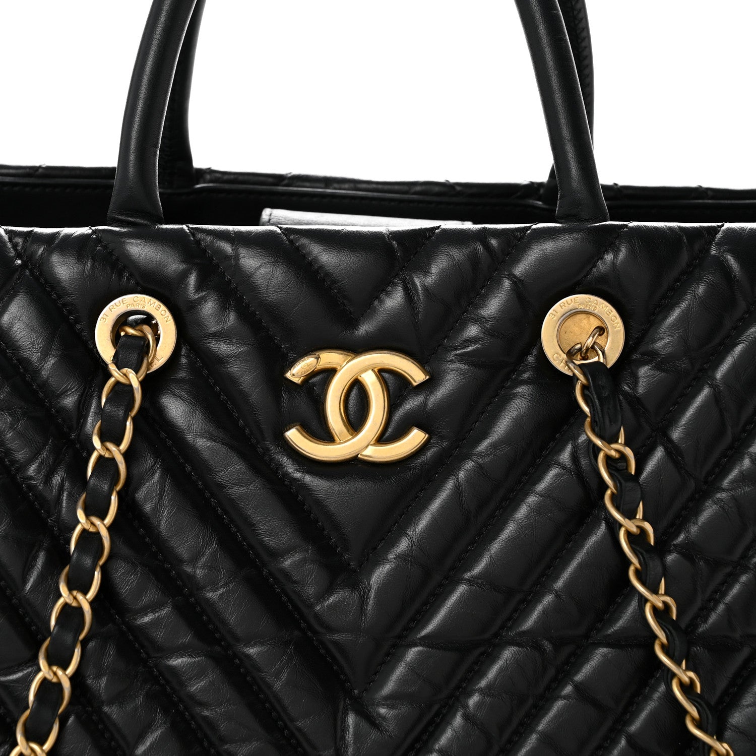 Chanel Aged Calfskin Chevron Large Coco Handle Shopping Tote Black 8 of 14