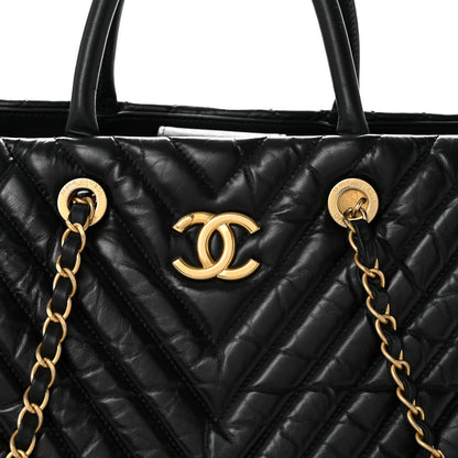 Chanel Aged Calfskin Chevron Large Coco Handle Shopping Tote Black 8 of 14