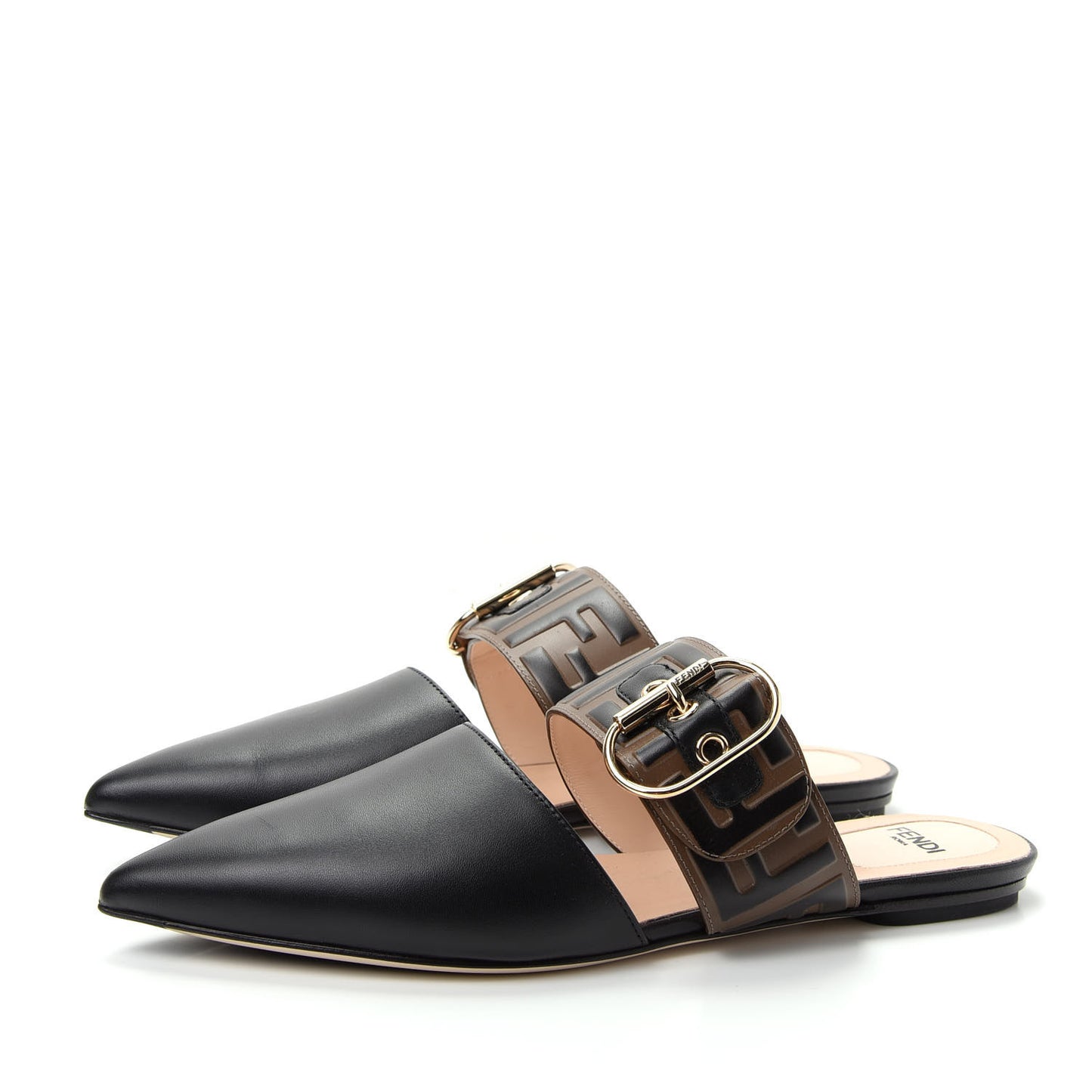 Vitello FF Embossed Buckle Flat Mules 37 Maya Black
