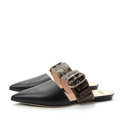 Fendi Vitello FF Embossed Buckle Flat Mules 37 Maya Black 3 of 10