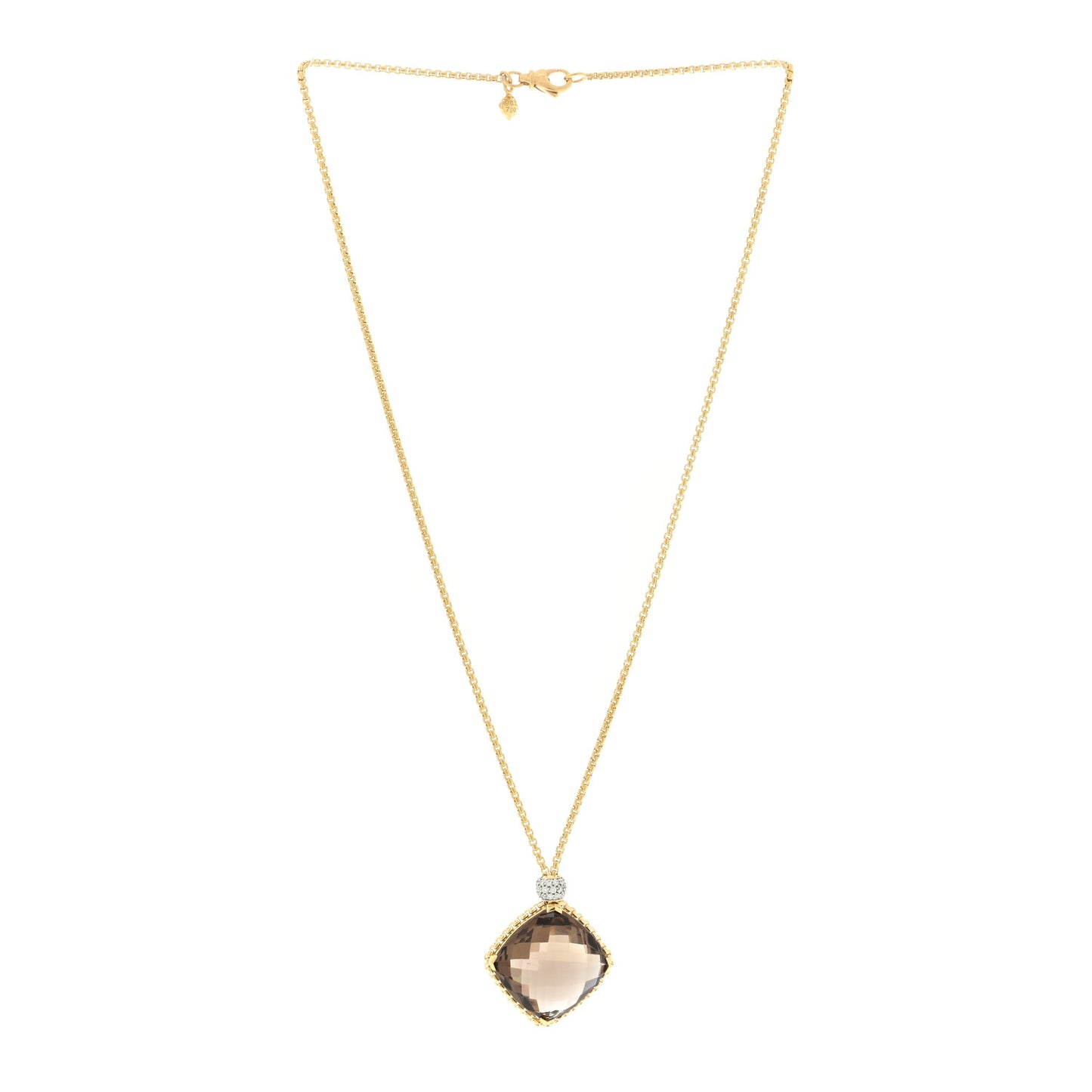 18K Yellow Gold Diamond Smoky Quartz Cushion on Point Pendant Necklace