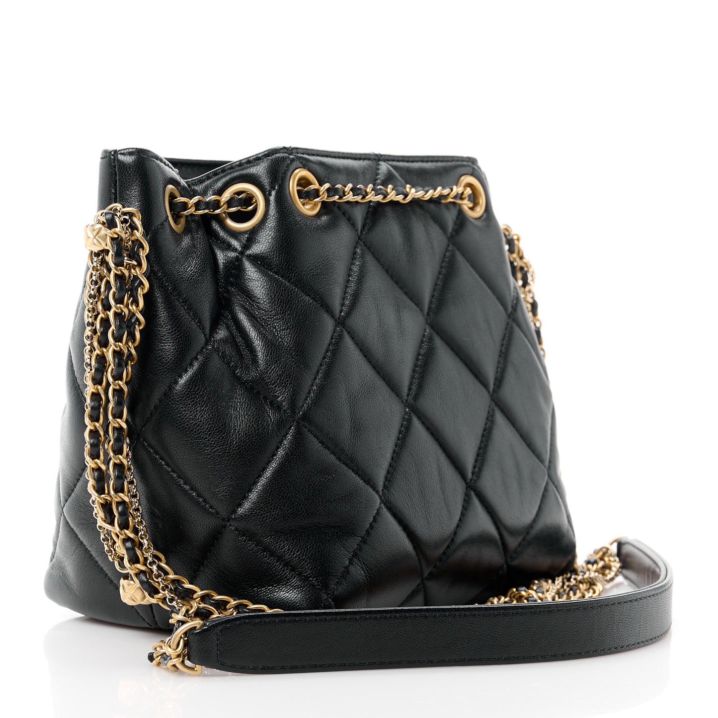 Lambskin Quilted Crush on Chains Drawstring Small Bucket Bag Black