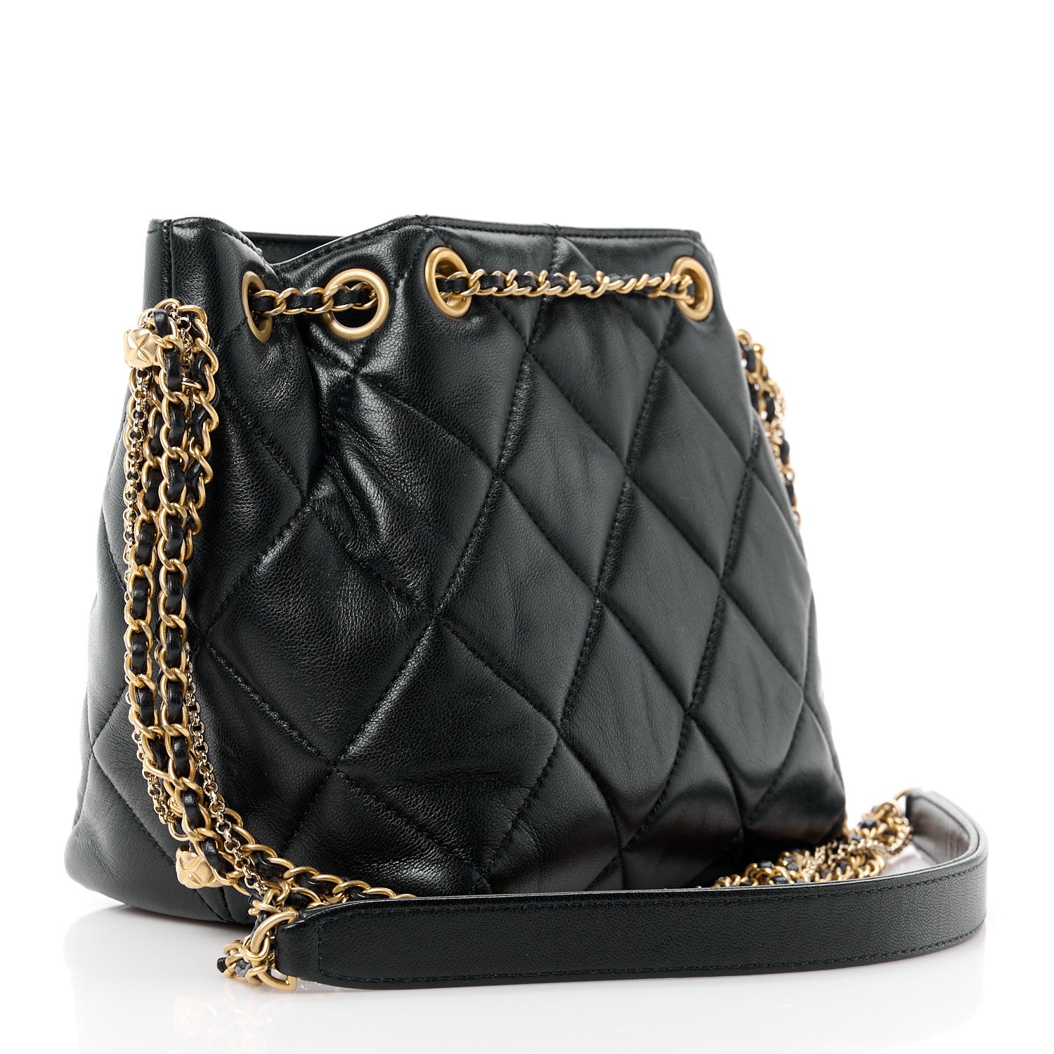 Chanel Lambskin Quilted Crush on Chains Drawstring Small Bucket Bag Black 2 of 10