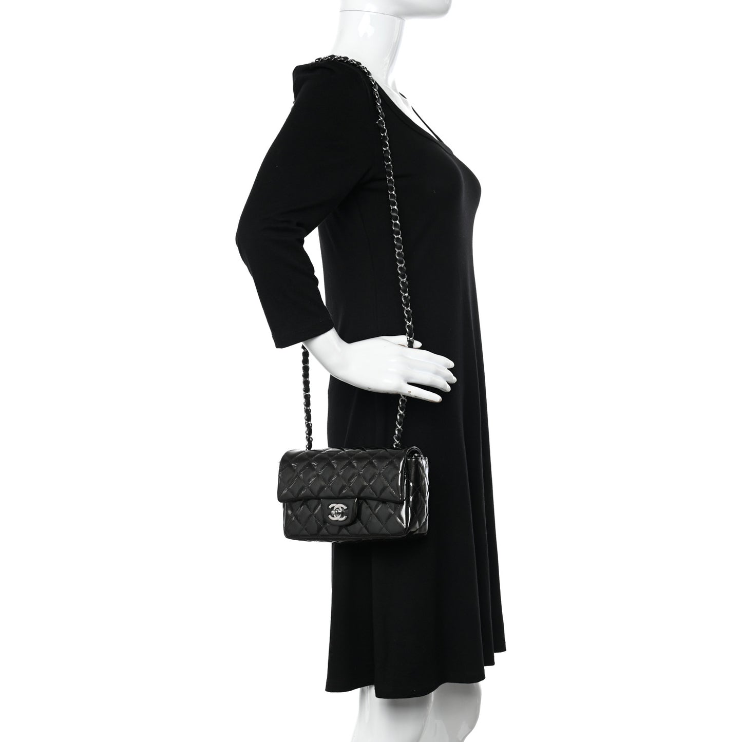Striated Patent Quilted Mini Rectangular Flap Black