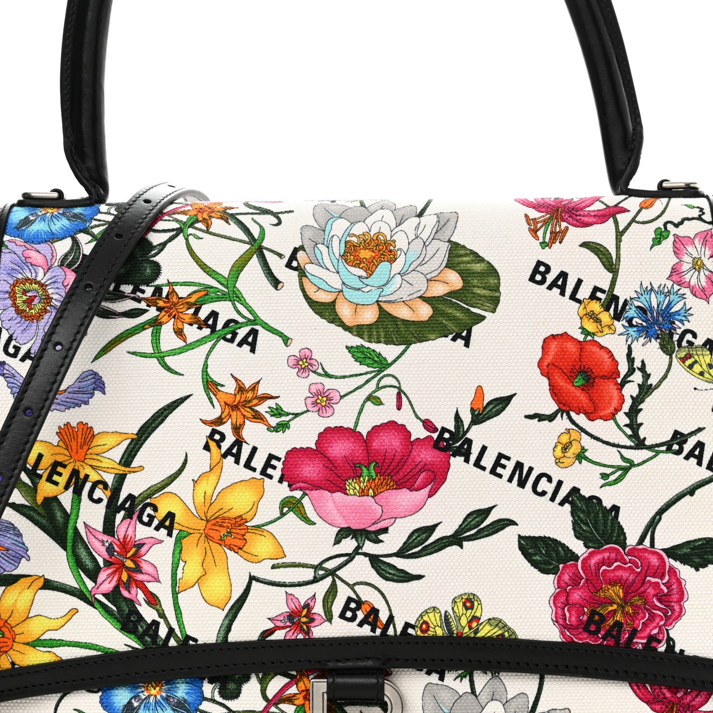 X GUCCI Canvas Boarded Plutone Calfskin Flora Logo Print Medium Hourglass Top Handle Bag White Multicolor Black