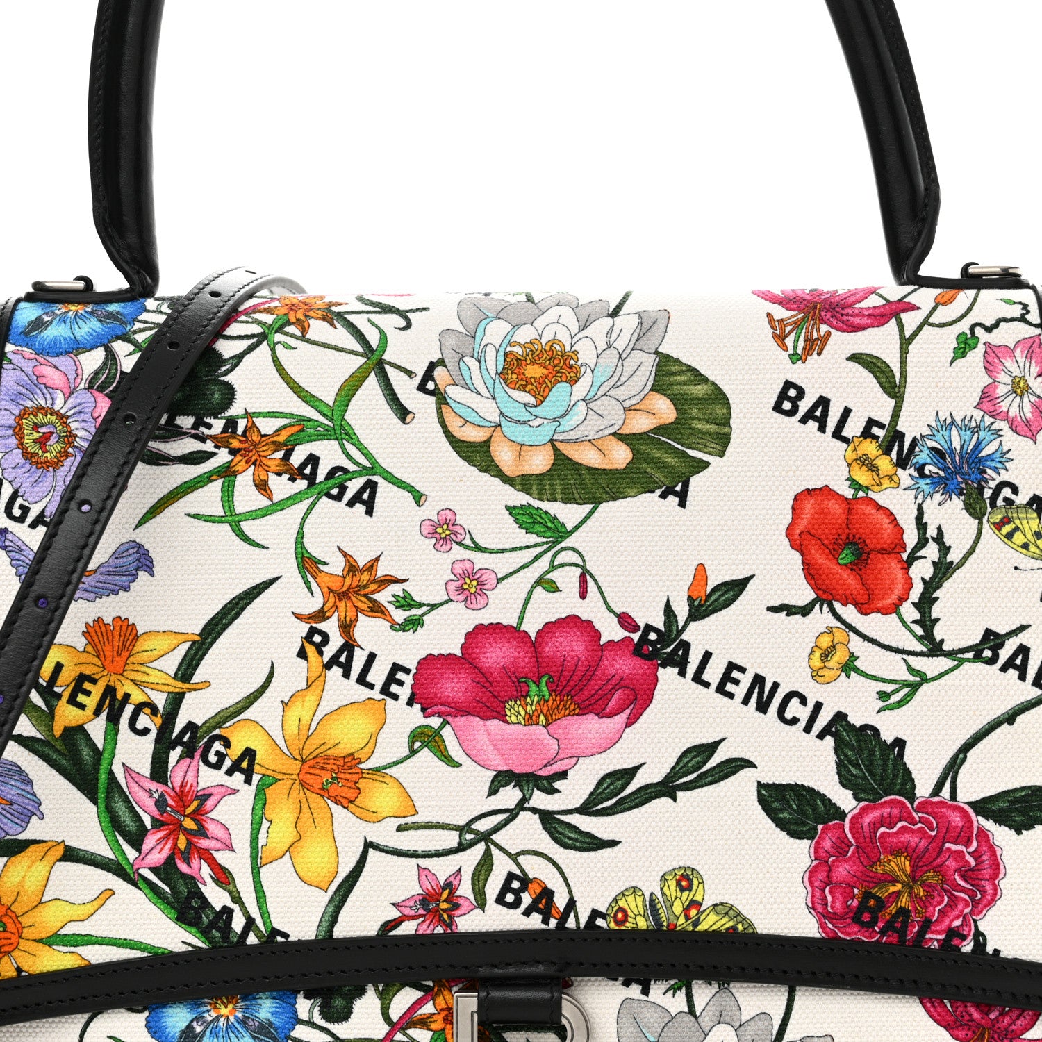 Balenciaga X GUCCI Canvas Boarded Plutone Calfskin Flora Logo Print Medium Hourglass Top Handle Bag White Multicolor Black 7 of 14