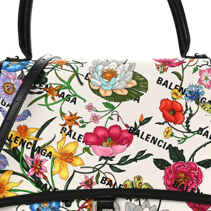 Balenciaga X GUCCI Canvas Boarded Plutone Calfskin Flora Logo Print Medium Hourglass Top Handle Bag White Multicolor Black 7 of 14