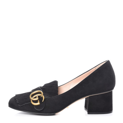Gucci Kid Scamosciato GG Marmont Fringe 50mm Loafer Pumps 37.5 Black 1 of 14