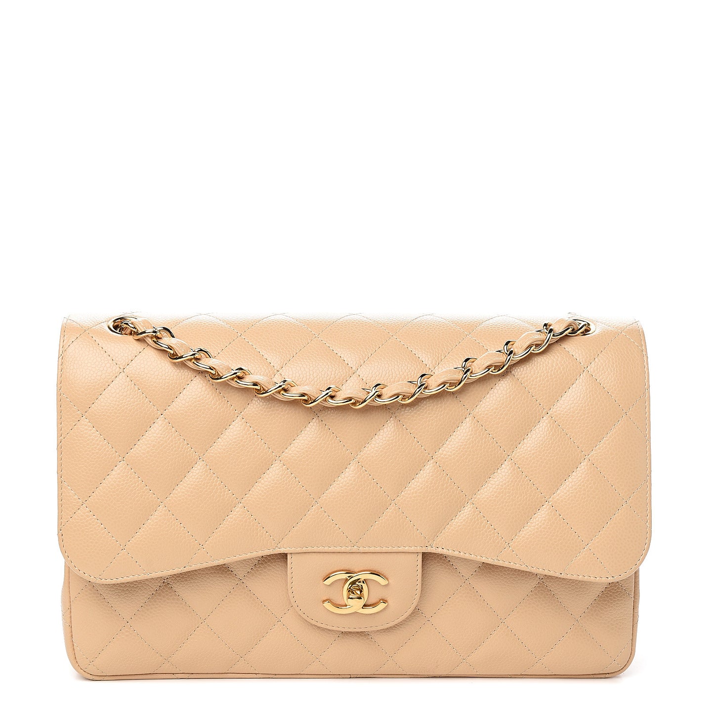 Caviar Quilted Jumbo Double Flap Beige Clair
