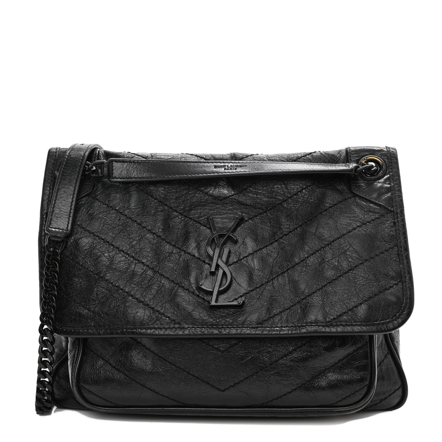 Crinkled Calfskin Matelasse Monogram Medium Niki Chain Satchel Black