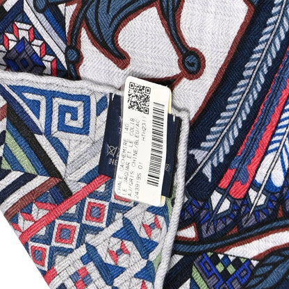 Hermes Cashmere Silk Le Jaguar Et Le Colibri Shawl 140 Gris Chine Bleu Acajou 4 of 12