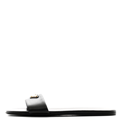 Prada Nappa Metal Triangle Logo Flat Slide Sandals 37 Black 1 of 8
