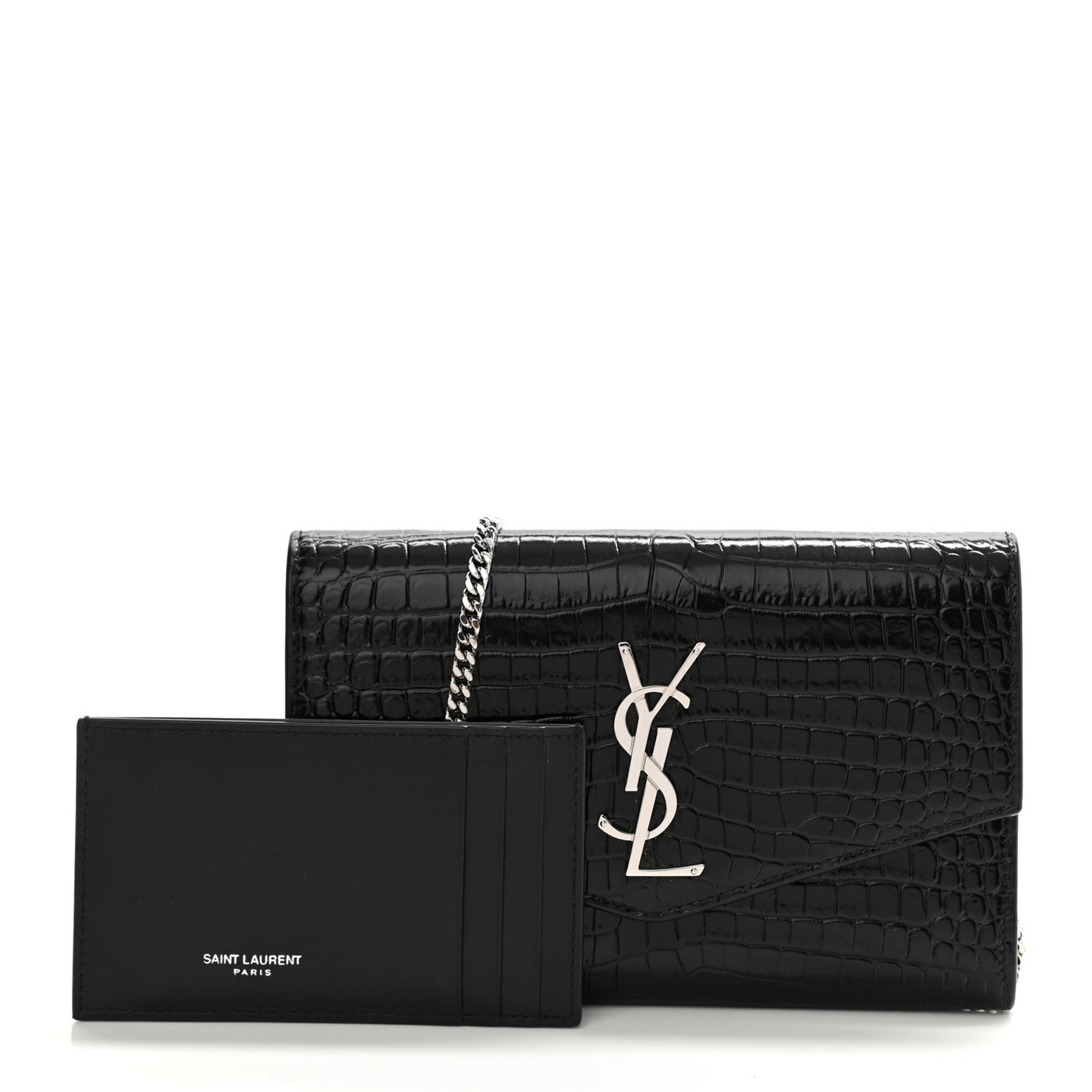 Calfskin Crocodile Embossed Monogram Uptown Chain Wallet Black