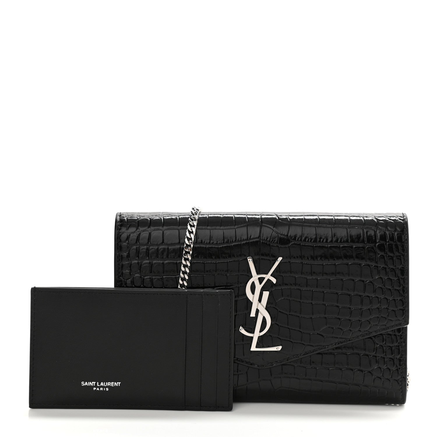 Saint Laurent Calfskin Crocodile Embossed Monogram Uptown Chain Wallet Black 1 of 14