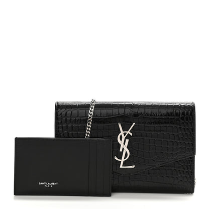 Saint Laurent Calfskin Crocodile Embossed Monogram Uptown Chain Wallet Black 1 of 14