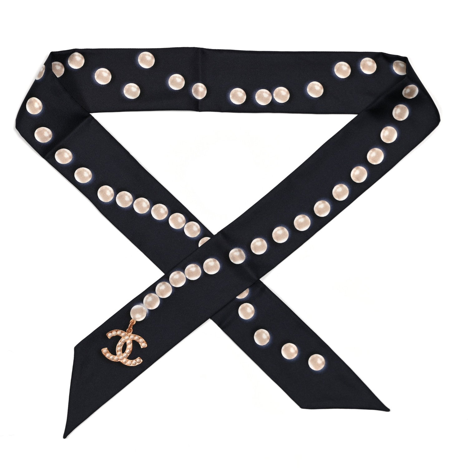Chanel Silk Pearl CC Slim Bandeau Scarf Navy 1 of 3
