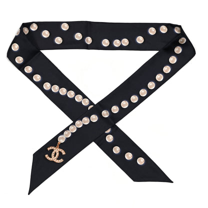 Chanel Silk Pearl CC Slim Bandeau Scarf Navy 1 of 3
