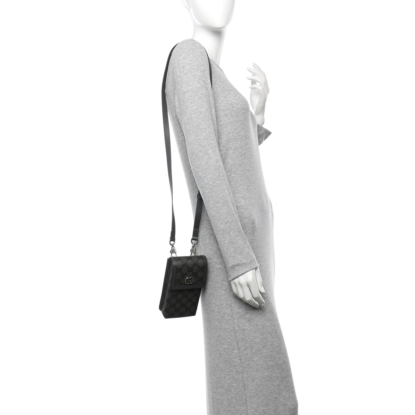 GG Supreme Monogram Textured Dollar Calfskin Phone Crossbody Bag Grey Black Graphite Grey