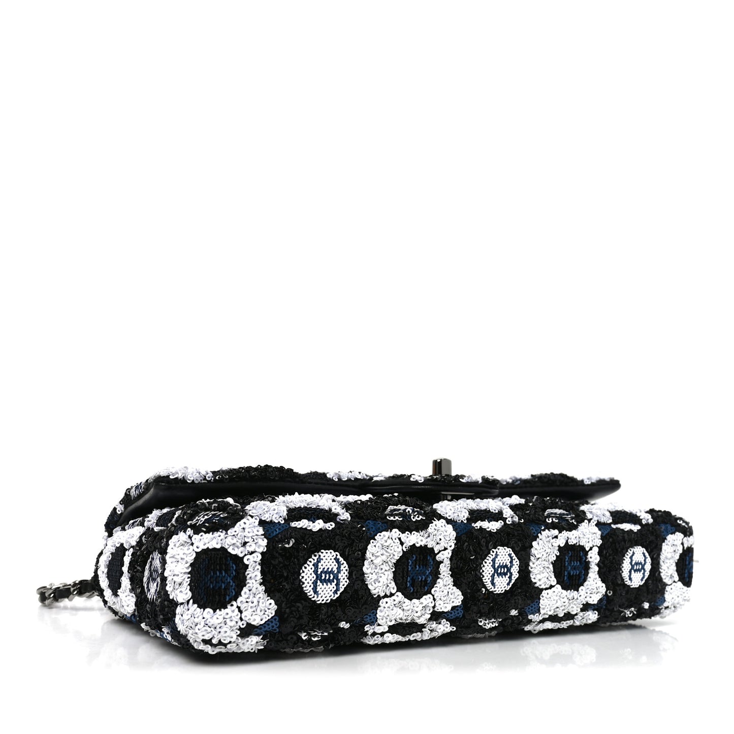 Satin Sequin Embellished Flower East West Flap Black White Blue