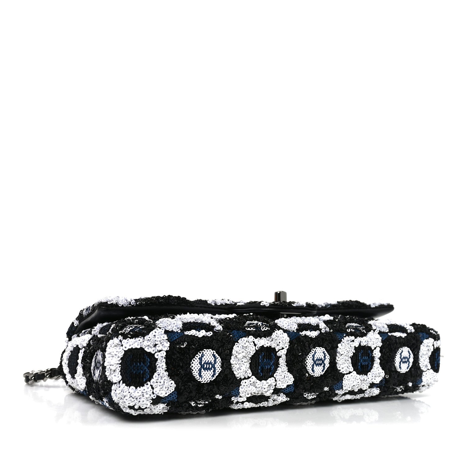 Chanel Satin Sequin Embellished Flower East West Flap Black White Blue 4 of 10