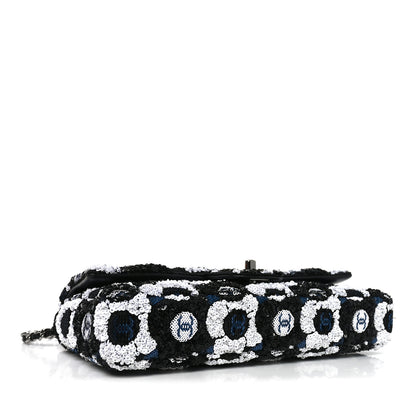 Chanel Satin Sequin Embellished Flower East West Flap Black White Blue 4 of 10