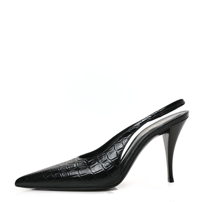 Saint Laurent Calfskin Crocodile Embossed Viper 90 Slingback Pumps 40 Black 1 of 8