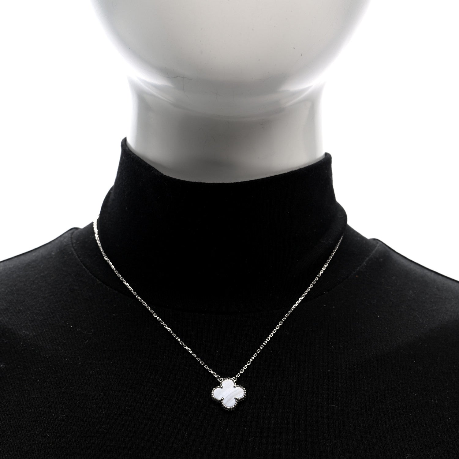 Van Cleef & Arpels 18k White Gold Chalcedony Vintage Alhambra Pendant Necklace 2 of 5