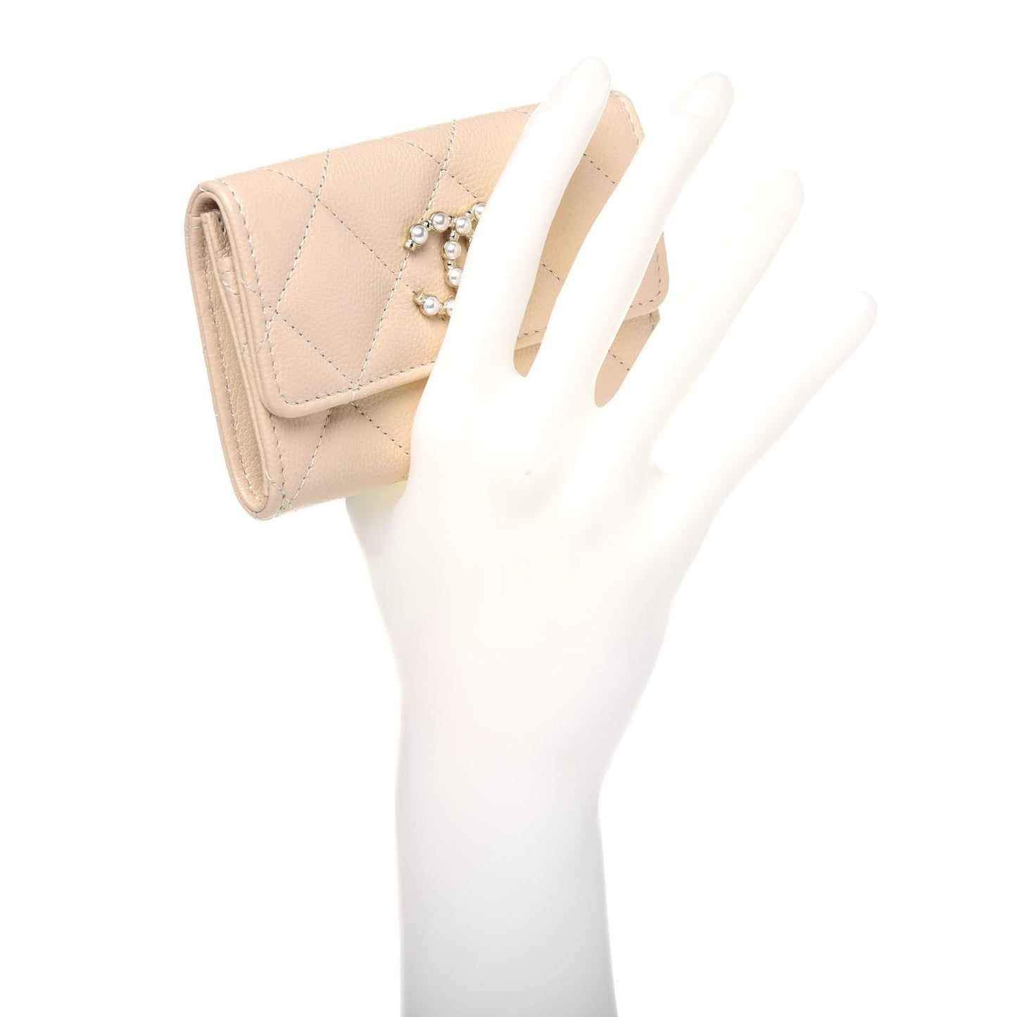 Caviar Pearl Quilted Coco Candy Flap Card Holder Beige