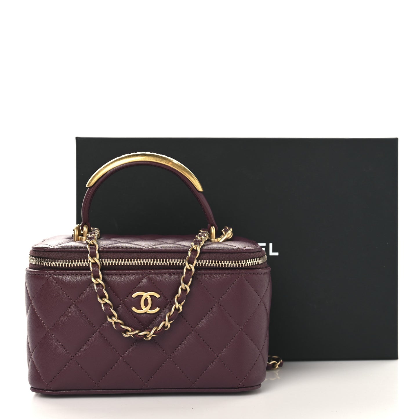 Lambskin Quilted Metal Small Top Handle Vanity Case With Chain Burgundy