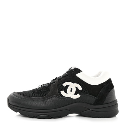Chanel Mesh Suede Grained Calfskin Womens CC Sneakers 40.5 Black White 1 of 9