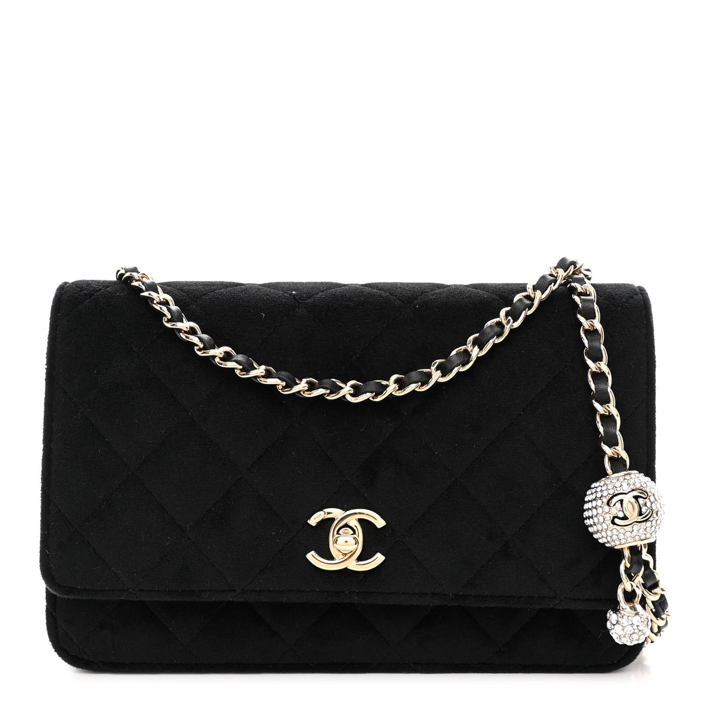 Velvet Quilted Pearl Crush Wallet On Chain WOC Black