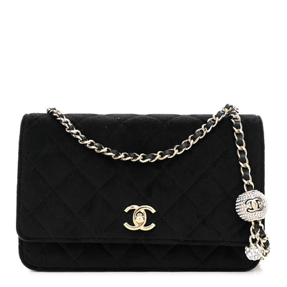 Chanel Velvet Quilted Pearl Crush Wallet On Chain WOC Black 1 of 12