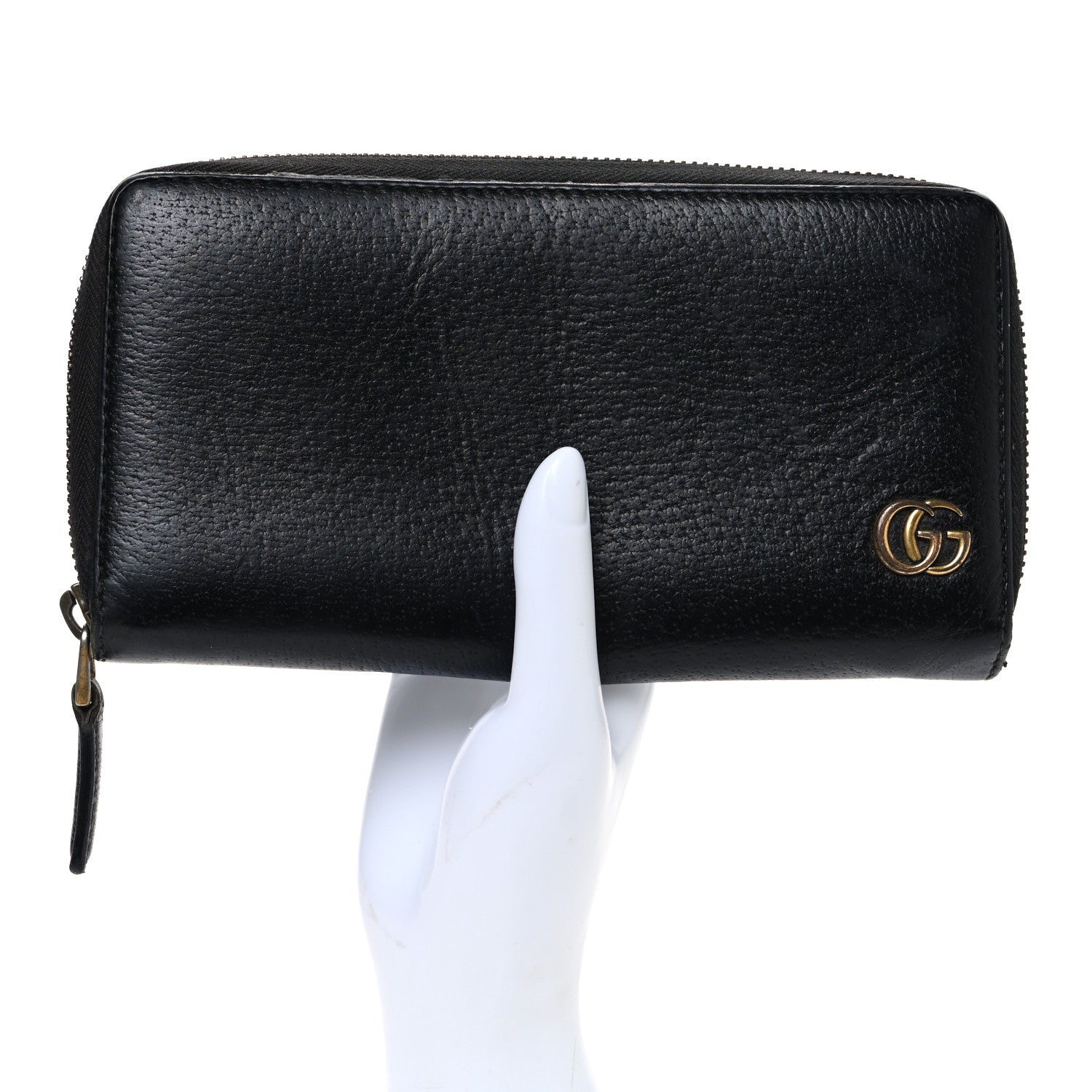 Gucci Dollar Calfskin Boar Effect GG Marmont Zip Around Wallet Black 2 of 8