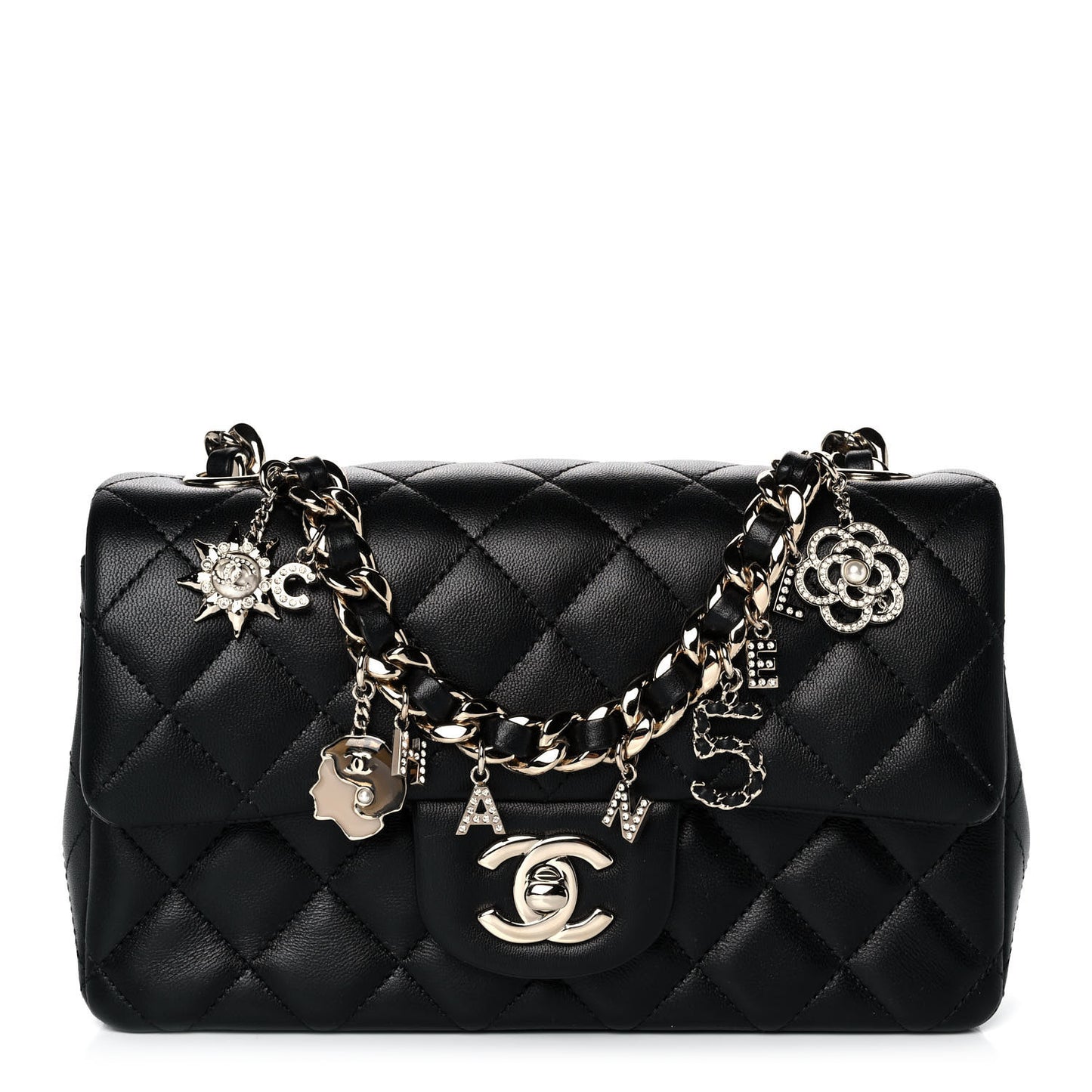Lambskin Quilted Mini Coco Charms Rectangular Flap Black