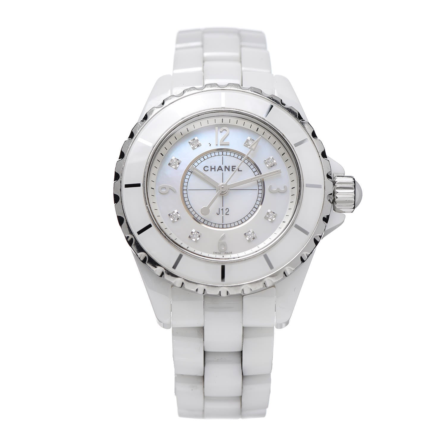 Chanel Stainless Steel Ceramic Diamond Mother of Pearl 33mm J12 Quartz Watch White 1 of 6