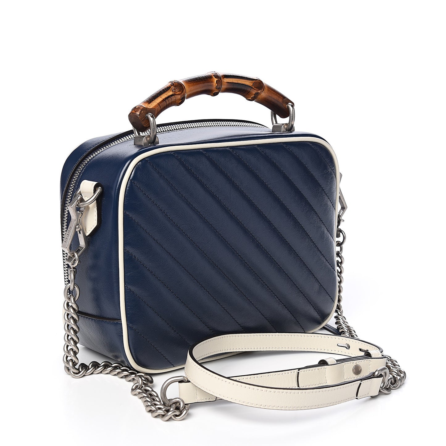 Vintage Effect Calfskin Matelasse Diagonal Small Torchon GG Marmont Bamboo Top Handle Shoulder Bag Blue Agata Mystic White