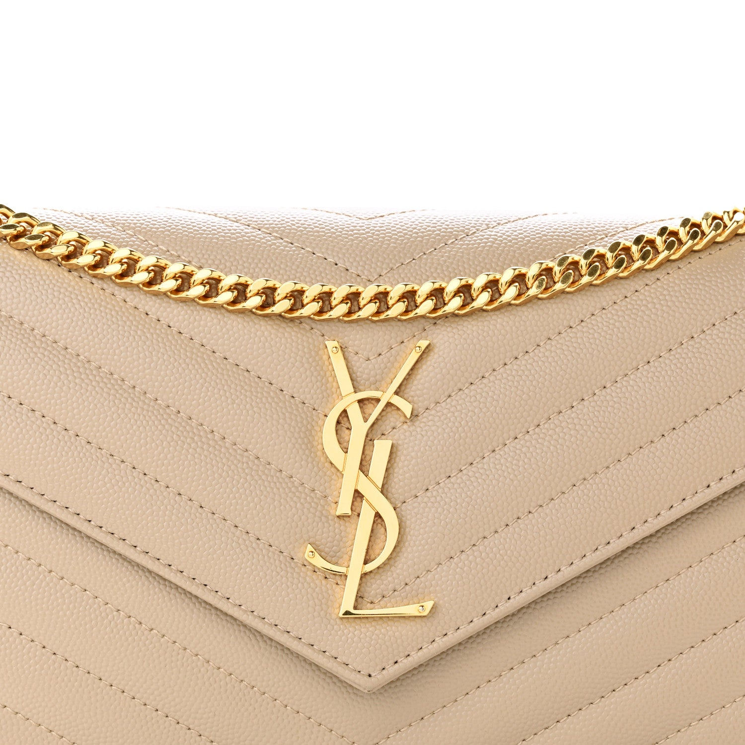 Saint Laurent Grain De Poudre Matelasse Chevron Monogram Chain Wallet Dark Beige 8 of 10