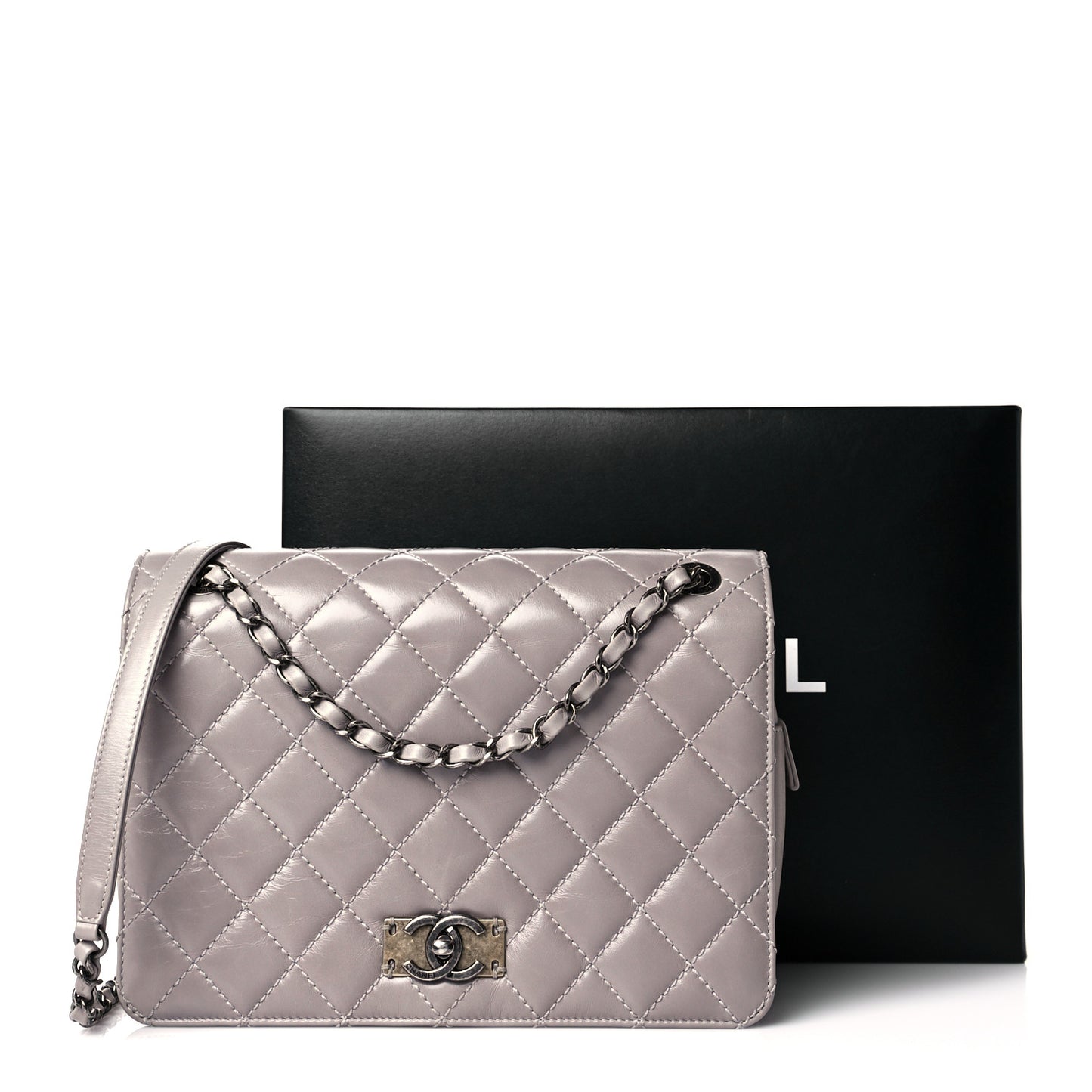 Glazed Calfskin Quilted Medium Day Trip Flap Grey