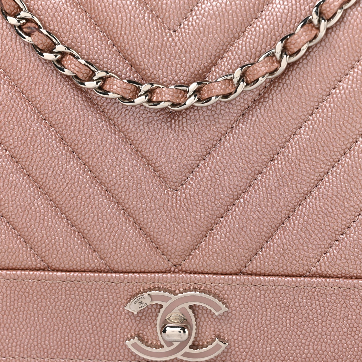 Metallic Caviar Chevron Quilted Vintage Mademoiselle Wallet On Chain WOC Pink