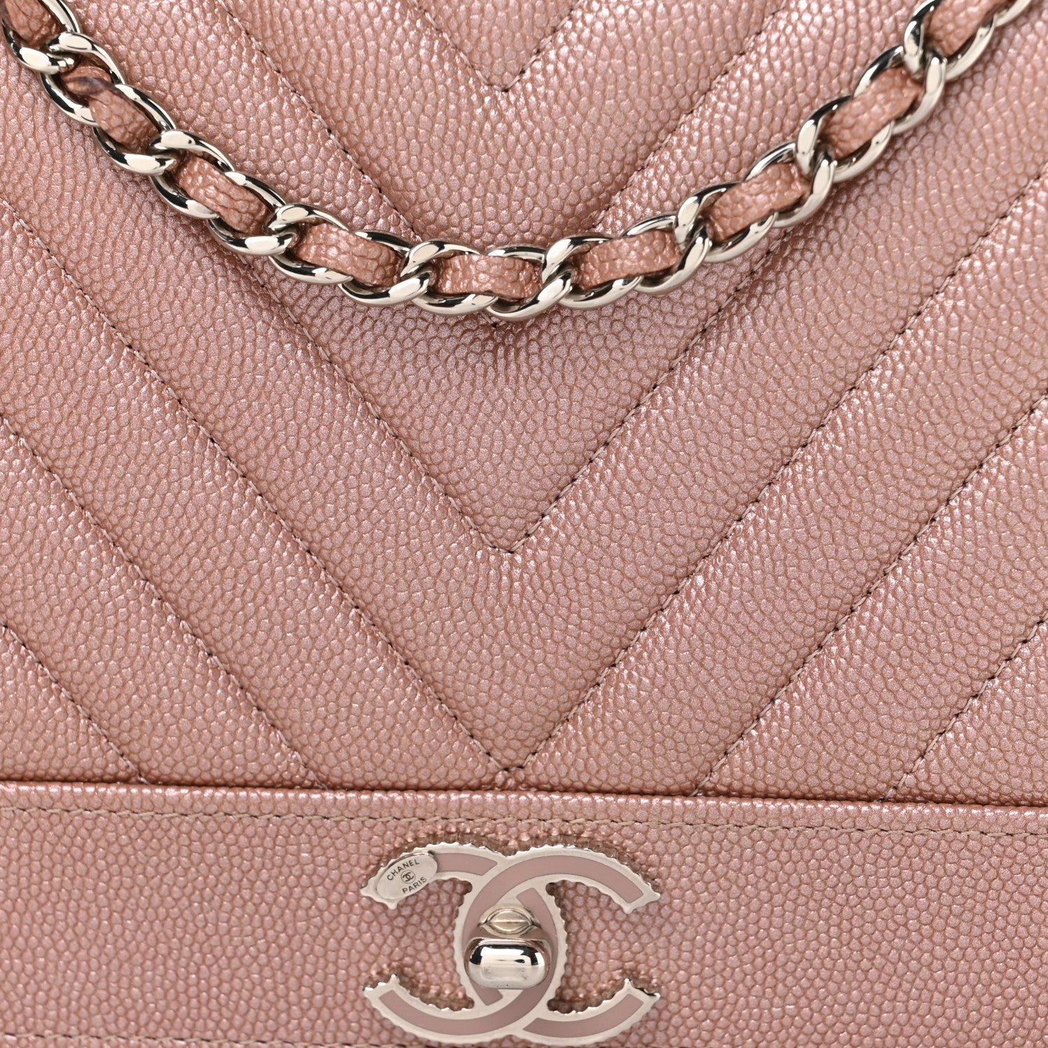 Chanel Metallic Caviar Chevron Quilted Vintage Mademoiselle Wallet On Chain WOC Pink 9 of 13