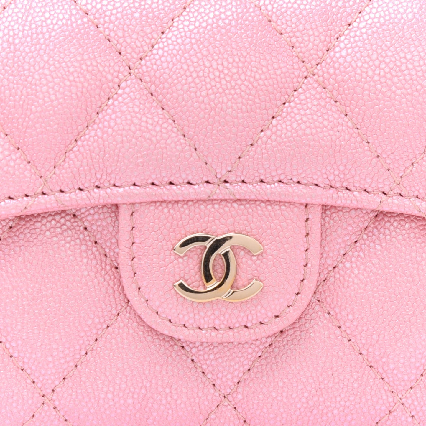 Iridescent Caviar Flap Quilted Card Holder Wallet Pink